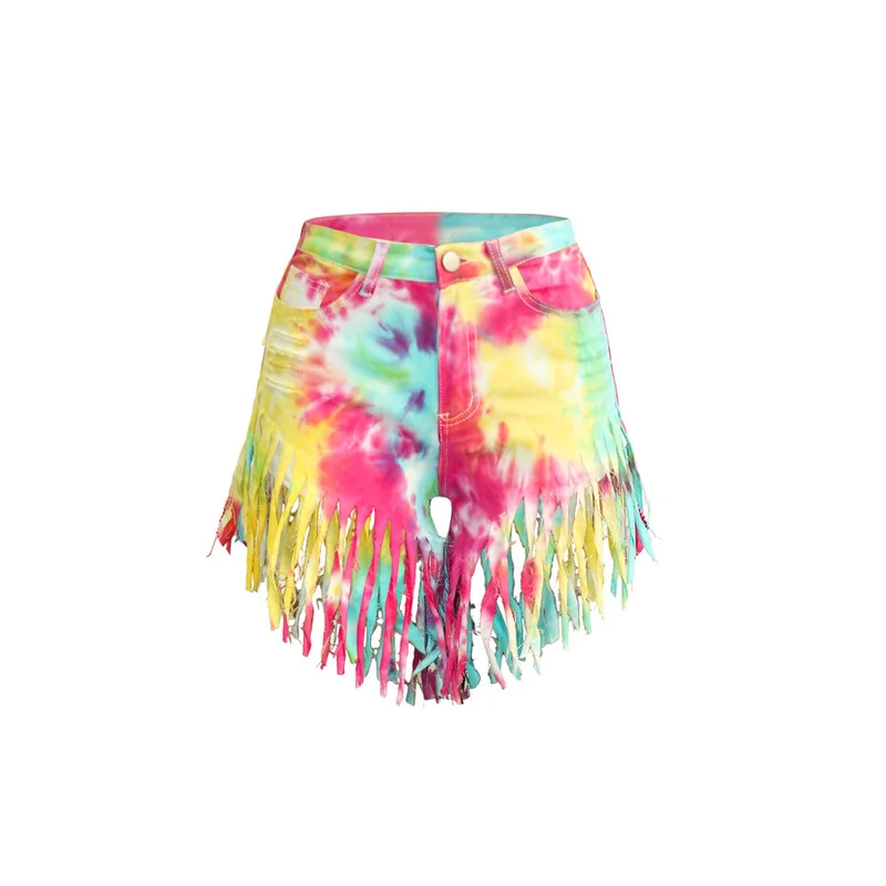 Hight Waist Skinny Slim Plus Size Jeans Women Tassel Tie Dye Denim Shorts Female Casual Shorts with Buttons Summer Streetwears