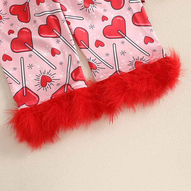 Toddler Kids Baby Girl Valentine's Day Pajamas Sets Satin Heart Print Long Sleeve Feather Trim Button Shirts Pants Sleepwear