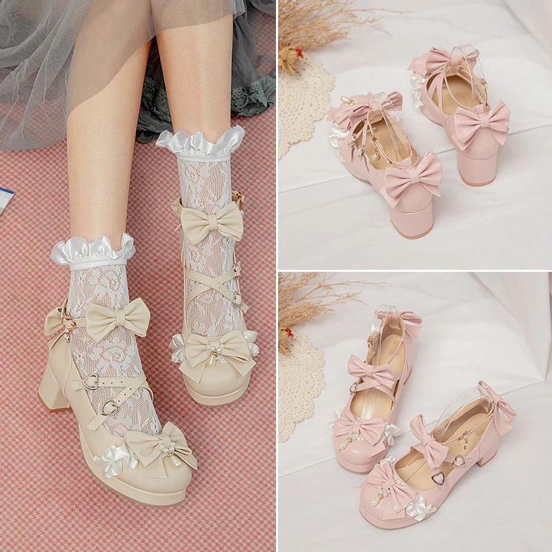 

2022 spring women shoes plus size 22-28cm pearl bow cross buckle Mary Jane shoes Japanese original high Heel Lolita shoes