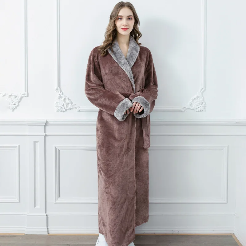 Autumn Winter Long Couple's Dressing Gown Warm Flannel Bath Belt Robes Night Sleepwear Women Men Kimono Turn Down Collar