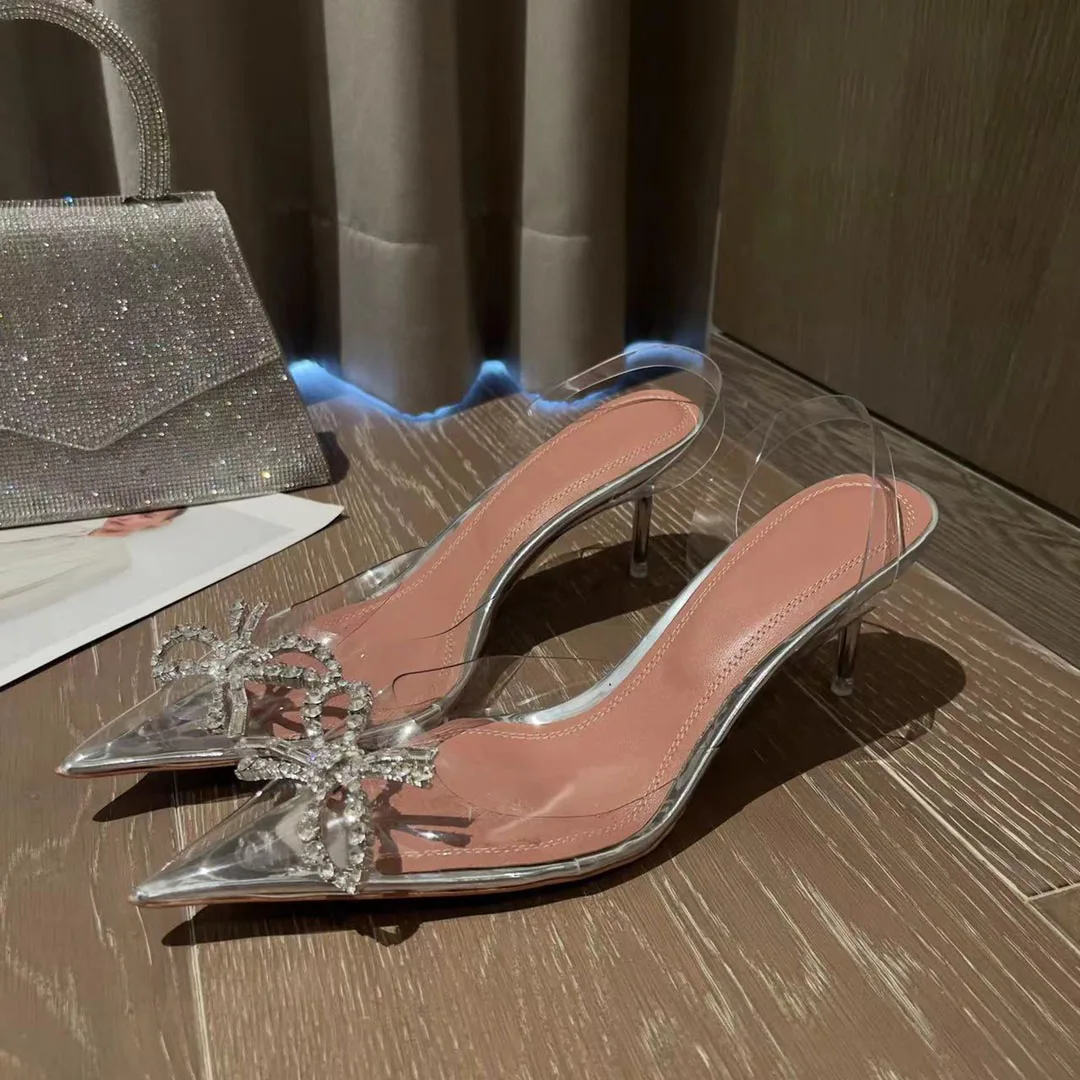 

Spring/Summer 23 New Bowknot Slim Heel Shoes Women's Crystal Rhinestone Sandals Women's Baotou Transparent Wedding Shoes