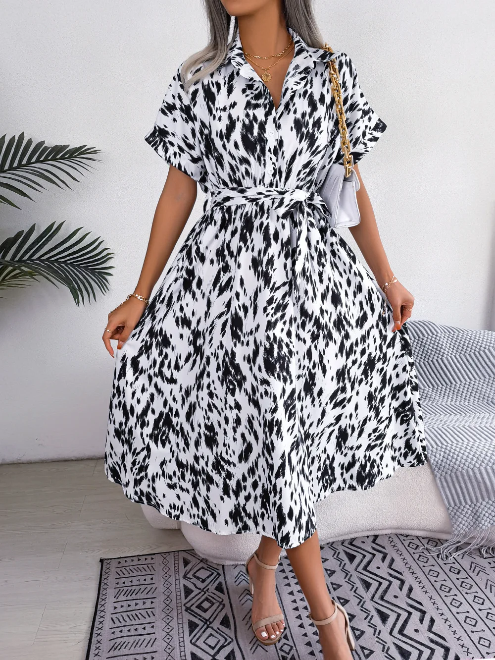 

2023 Women Summer Casual Loose Shirt Midi Dress For Lady Leopard Lace Up Print Short Sleeve Female Robe Party Long Vestidos