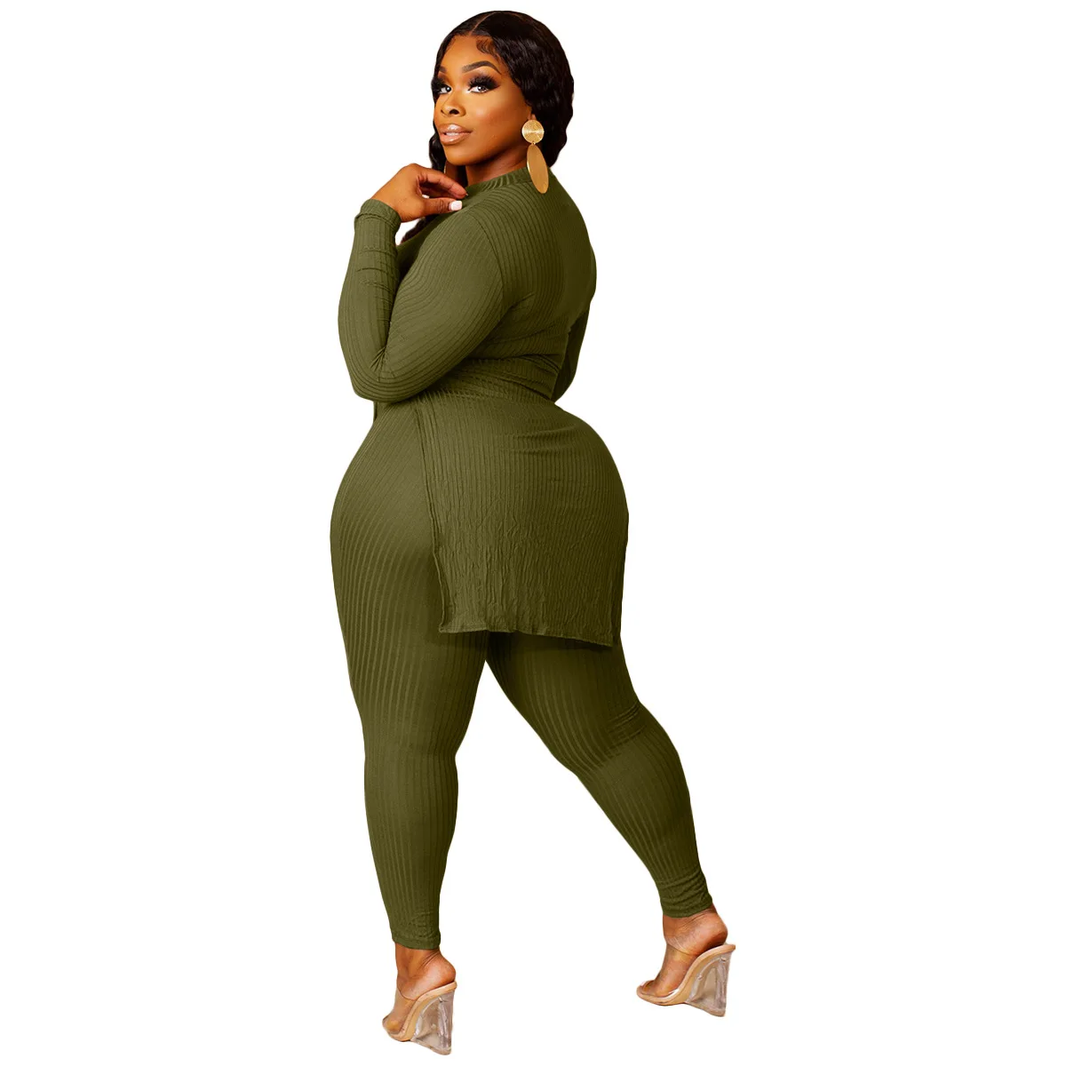 Plus Size Women Sets Ribbed Bandage Long Tops And Pants 2022 Fall Two Piece Sets Female Designer Cloth Casual Tracksuit Outfits