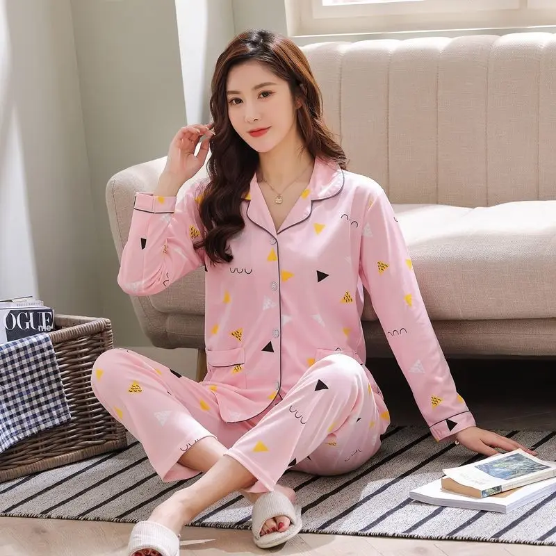 Spring and Autumn Women's Pajamas Set Women's Summer Long Sleeve Pants Plus Size Set Double Pocket Homewear Set