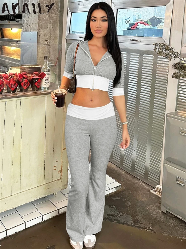 Akaily летний серый лоскутный комплект из 2 предметов брюки женские наряды 2024