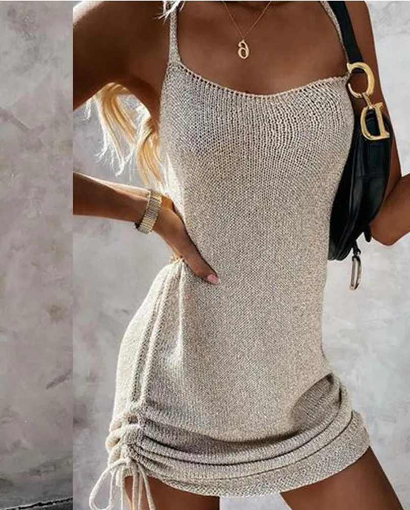 

2023 Sleeveless Sling Mini Short Dress Casual Fashion Backless Drawstring Low Collar Solid Sexy Spring Summer New Women Dresses