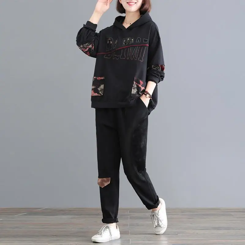 

2023 Spring Tracksuit Sets Loose Hooded Printed Top and Pants Suits Fashion Casual Sports Women Suit Sweatshirt Suit 4XL E253