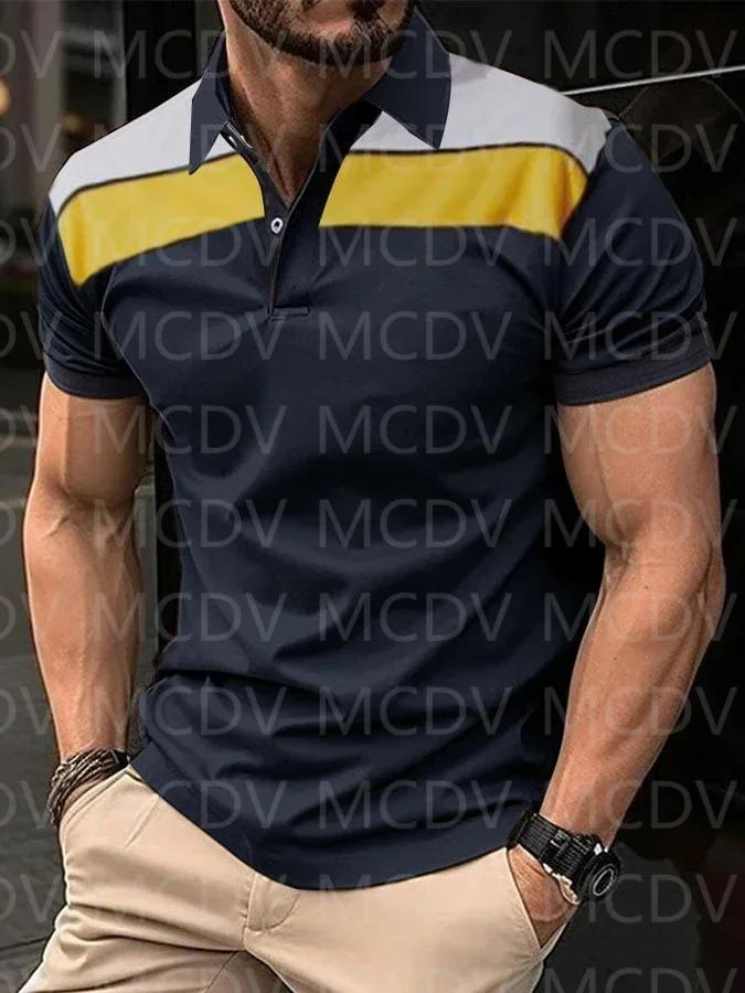 Повседневная модная мужская рубашка-поло в контрастную полоску с 3D принтом