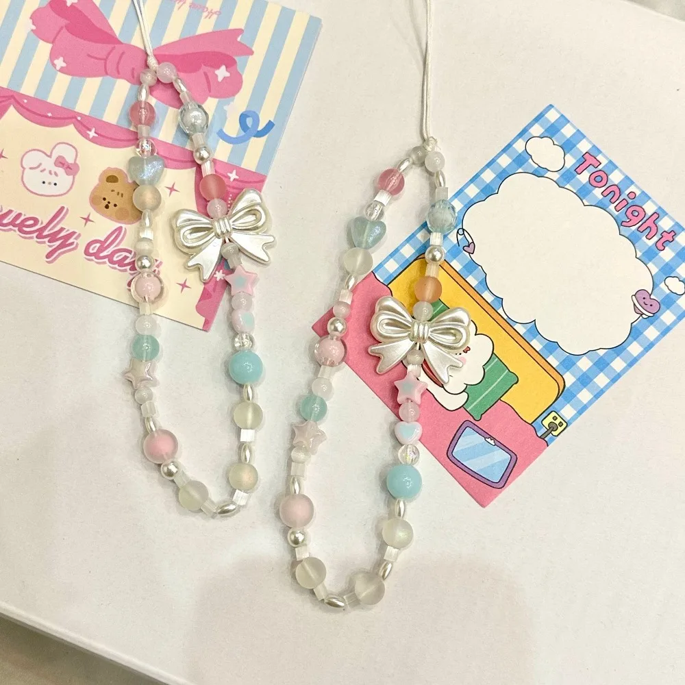Lovely Wrist Strap Cute Bowknot Phone Chain Partysu Mobile Lanyard Beaded Charm Backpack Jewelry Gift