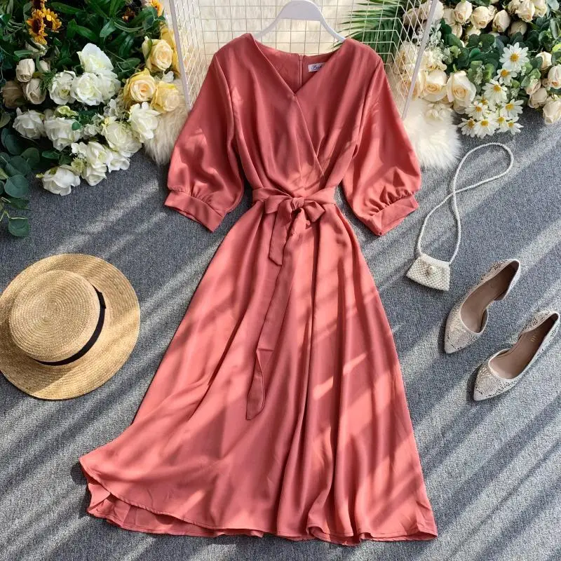 

V Neck Short Sleeve Casual Elegant Large Dresses 2020 Spring Summer Vintage Slim Bandage Party Women Dresses Robe Femme Vestidos