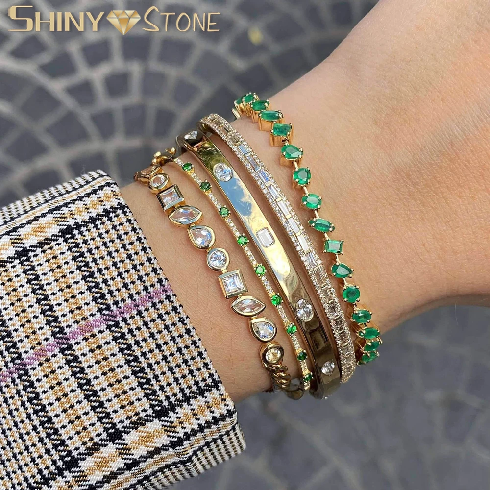 

Gold Plated Round Water Drop Bling Cz Prong Set Tennis Chain Green Stone Paved Charm High Quality Sparking CZ Bracelet