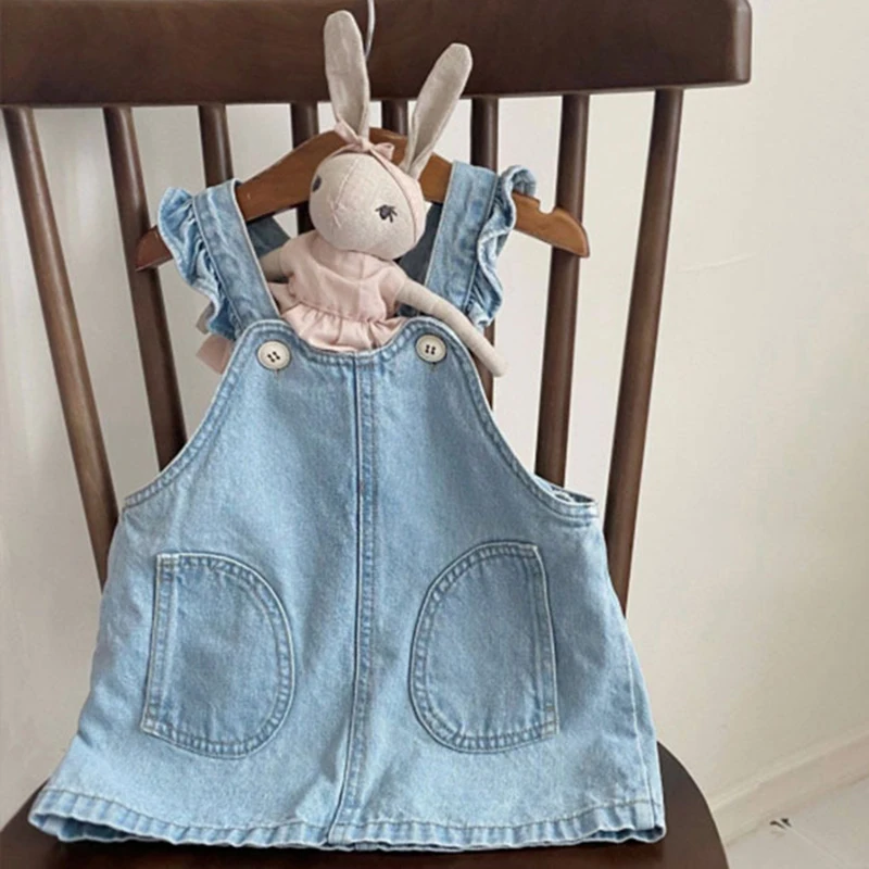

Summer Baby Clothes Girl Infant Cute Denim Suspenders Dress Children Sleeveless Pockets Cotton Solid Casual Dresses Kids Clothes