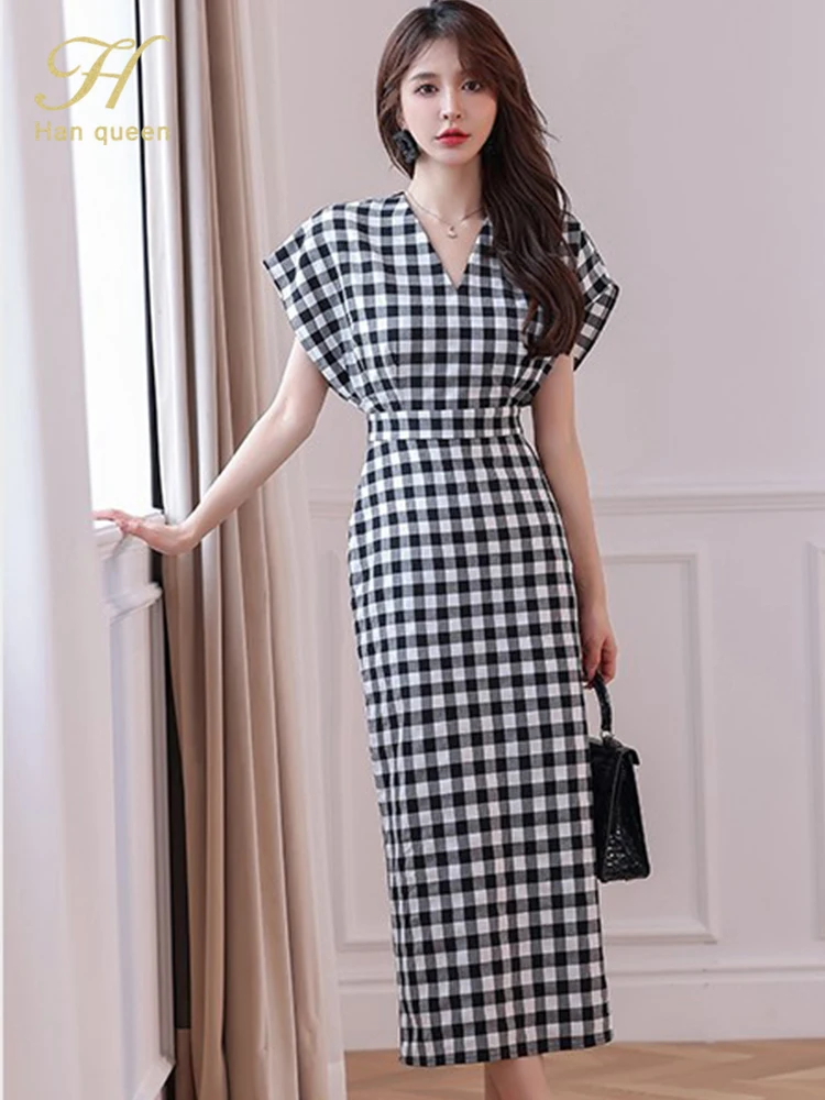 

H Han Queen Elegant V-Neck Plaid Office Pencil Dress Women Summer Sheath Dresses Simple Slim Mid-Claf Work Party Bodycon Vestido