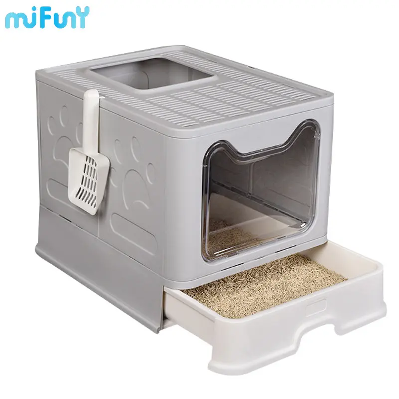 

MiFuny Cat Litter Box with Top Exit Front Entry Foldable Fully Enclosed Pet Drawer Cat Toilet Anti-splash Cat SandBox Pet Bedpan