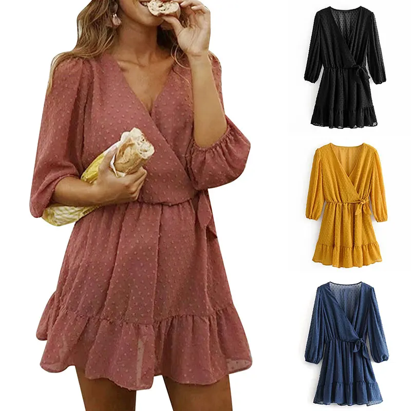 

Новинка-платье в горошек с длинным рукавом-фонариком женское осеннее пикантное вечернее мини-платье вечерние V-образным вырезом шифоновое ...