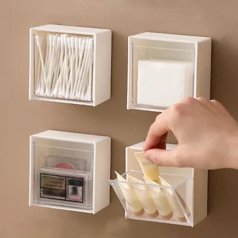 

Wall-mounted Storage Box Punch-free Home Flip Container Box Cosmetic Cotton Swab Stick Head Rope Lipstick Bathroom Storage Box