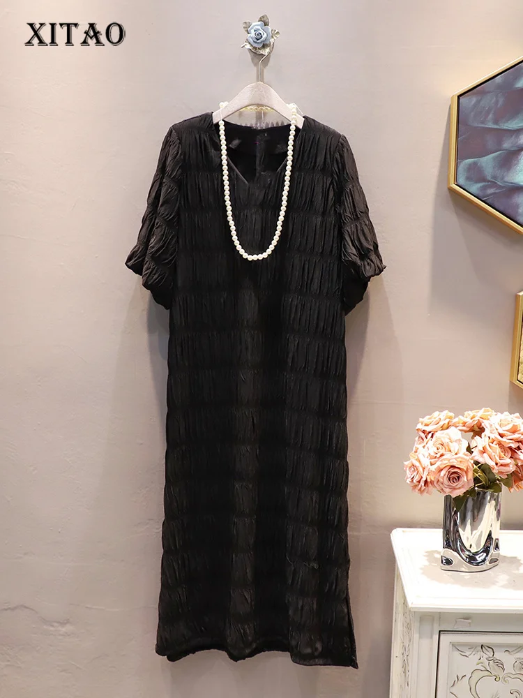 

XITAO Folds V-neck Pullover Dress Solid Color Puff Sleeve 2023 Summer New Arrival Casual Fashion Temperament All Match WLD11708