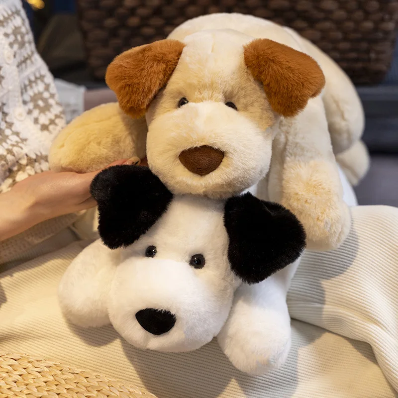 

Милая Лежащая собака 55/70 см, плюшевая игрушка, мягкое реалистичное плюшевое животное, белый, коричневый щенок, детские игрушки, подарок, украшение