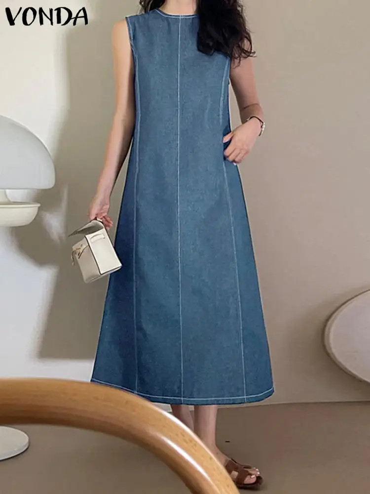 

Модное летнее женское джинсовое платье VONDA без рукавов 2023, однотонное женское миди-платье, повседневное свободное ТРАПЕЦИЕВИДНОЕ ПЛАТЬЕ, Пляжное Платье