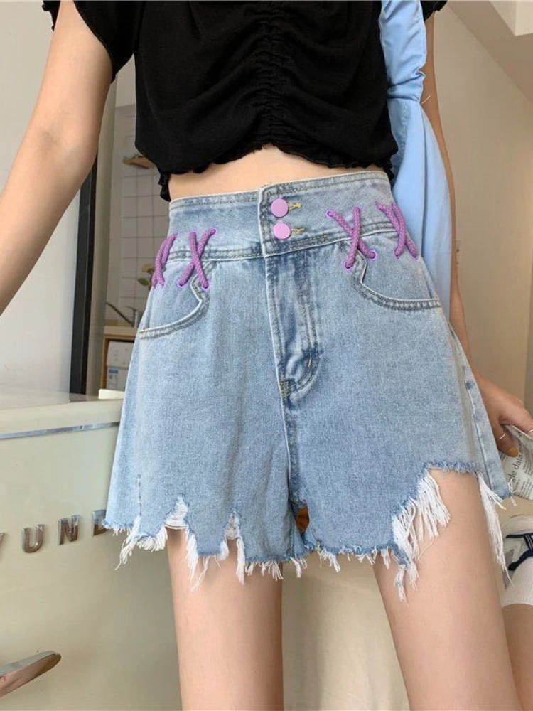 

Summer New Cute Strappy Raw Edge Jeans Women's All-match Three-point Pants Summer Thin Shorts All-match Temperament