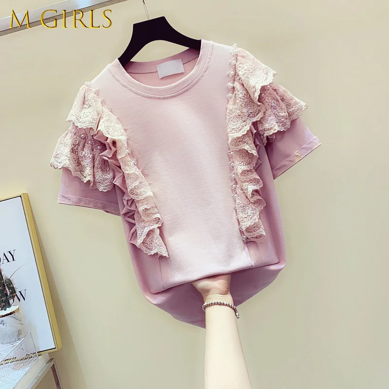 

M GIRLS 2022 New Spliced Lace T-shirt Summer Women O-neck Simple Short Sleeve Tops Fashion Beading Tee Ruffles Ropa Mujer