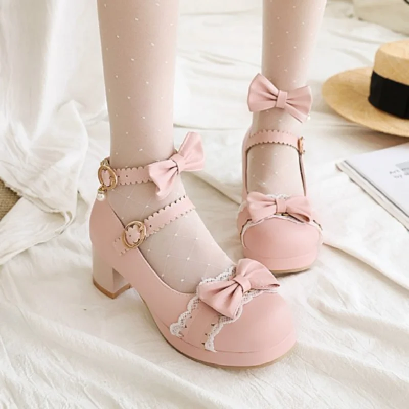 

Туфли Lolita Girl Mary Janes с бантом принцесса с оборками японская Милая Свадебная обувь для вечеринки туфли-лодочки для косплея розовые размеры 34-46
