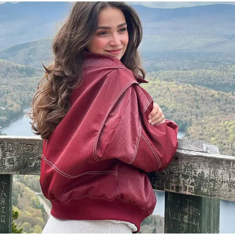 Осень 2024 женские кожаные куртки-бомберы на молнии повседневные полосатые пальто