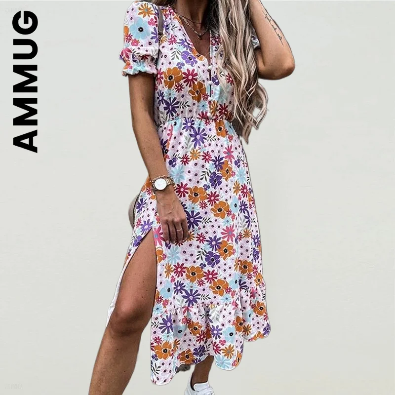 

Ammug Dress New Women Girl Women's Dress V Neck Floral Print Party Dress Streetwear Slim Simple Female Dresses Woman Vestidos