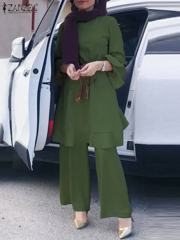 ZANZEA Fashion Work OL Suits Abaya Kaftan Women Lace-Up Solid Muslim Sets O-Neck Flare Sleeve Buttons Blouse And Wide Leg Pants