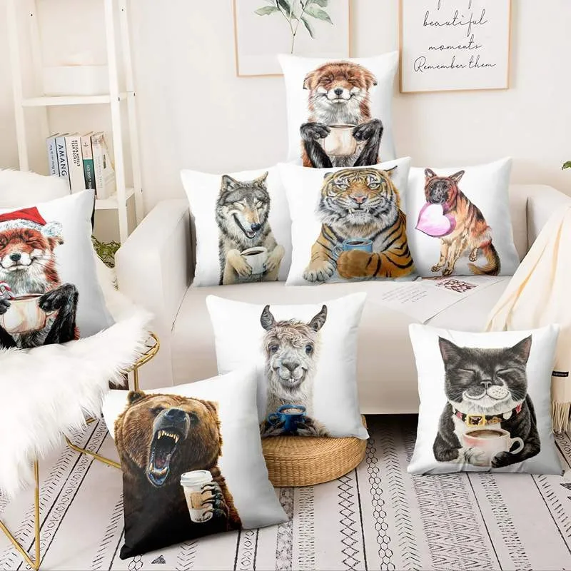 

Morning Animals With His Coffee Print Pillowcase Llama Latte Cushion Decorative Pillow Home Decor Sofa Throw Pillow Case 17*17in