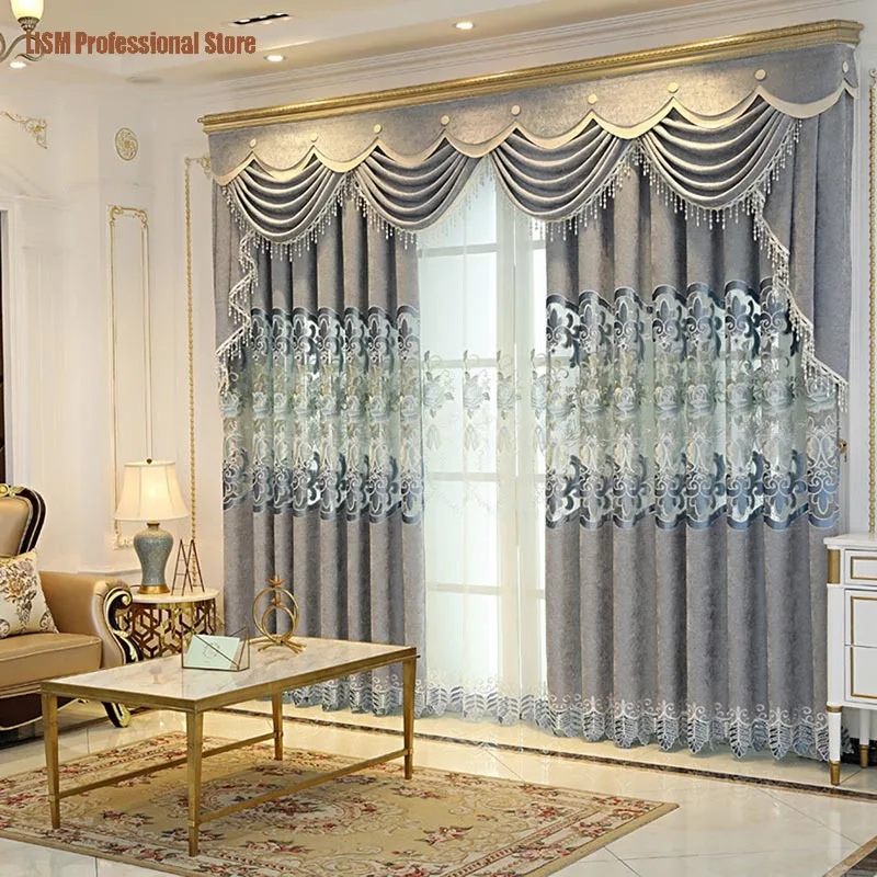 

Luxury Jacquard Semi Blackout Curtains for Living Room Hollowed Floral Embroidered Chenille Grey Sliding Glass Door Drapes New