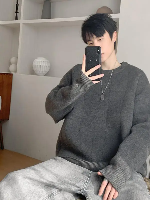 Светло-серый текстурированный свитер мужской зимний американский винтажный