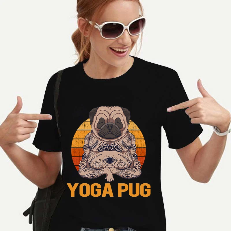 

Yoga Pug Women's T-shirt Vintage Cartoon Graphic T Shirts Funny Puppy Female Tees Y2K Aesthetic Top Harajuku Shirt for Women