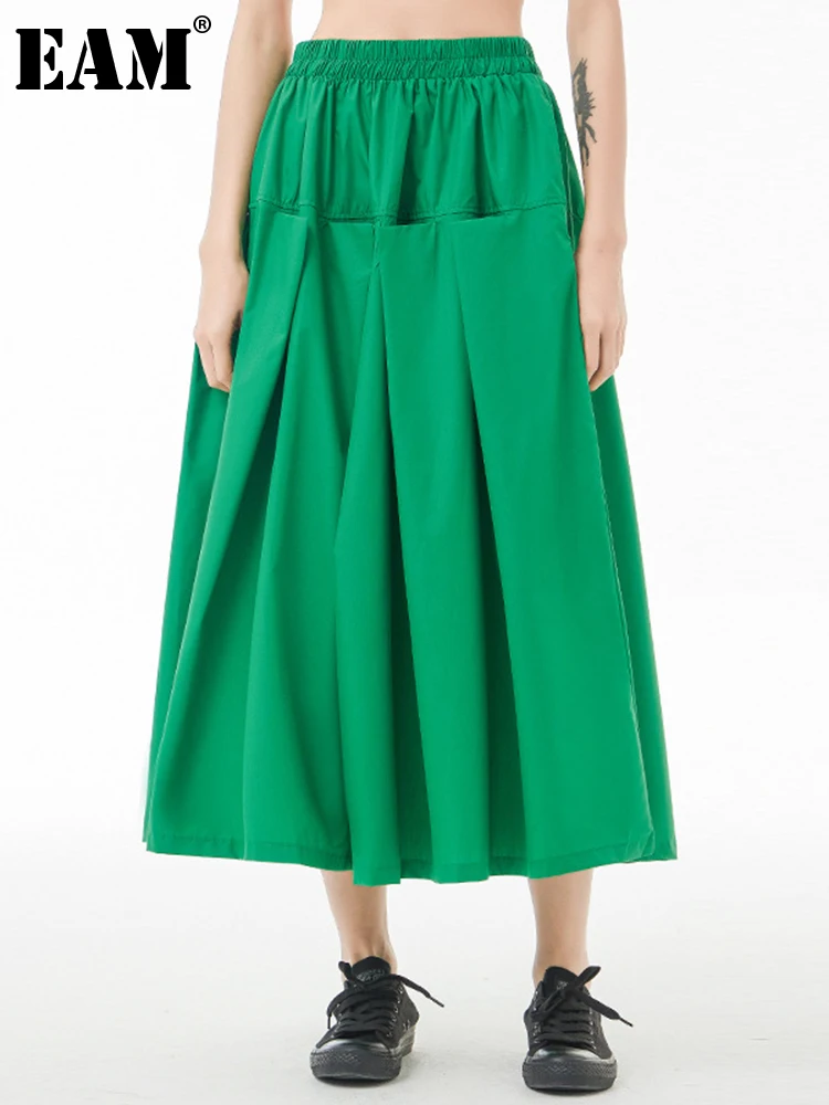 

[EAM] High Elastic Waist Green Pleated Casual Long A-line Half-body Skirt Women Fashion Tide New Spring Autumn 2022 1DE8408