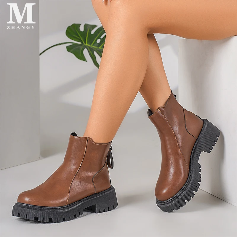 Женские ботильоны на платформе модная кожаная обувь среднем каблуке женские