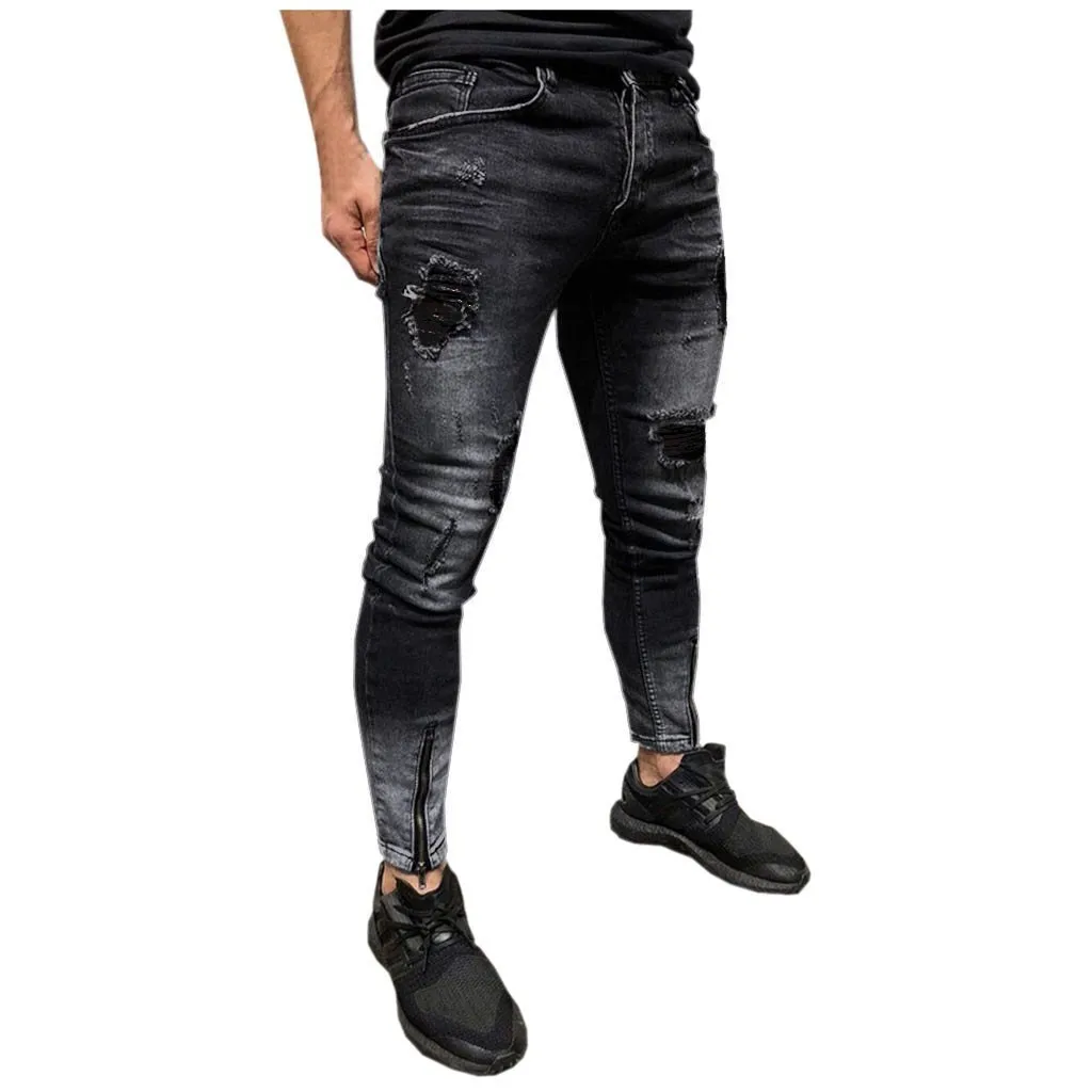 

Slim Men's Jeans Denim Jeans Stretch Pants Ripped Trendy Fit Skinny Street Trousers 2022 All-match Distressed Hot Mens Freyed