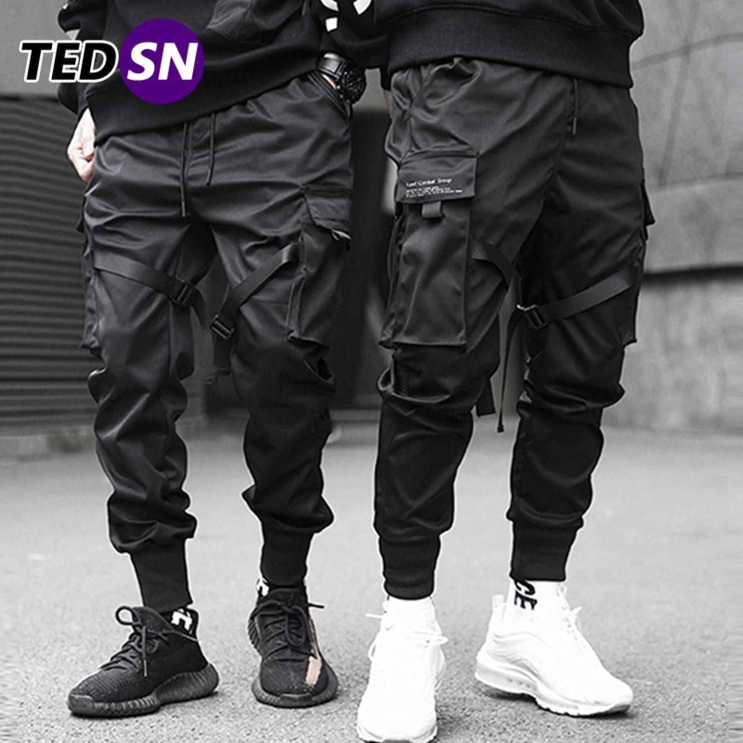

Pants Cargo Men Ribbons Hip Hop Pocket Streetwear Harajuku Techwear Trousers Harem Joggers Sweatpants Black Bottom Clothes