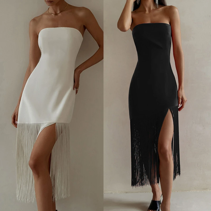 

Черное сексуальное платье-футляр с бахромой, облегающее женское летнее длинное платье без рукавов, вечерние элегантные белые Клубные наряды с открытой спиной