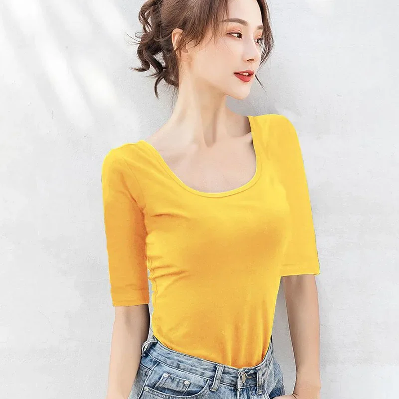 Повседневная черная белая футболка с рукавом средней длины для женщин корейские