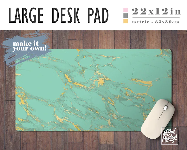 

Mint and Gold Marble Print Desk Mat with Available Custom Monogram - 2 Sizes - High Quality Digital Print, Desk Accessory