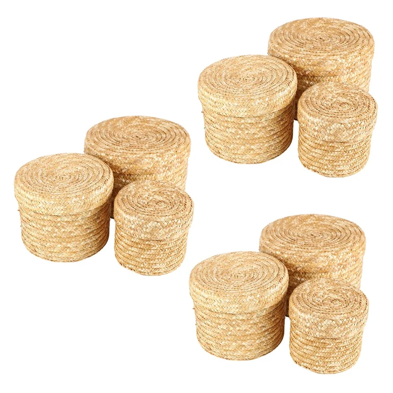 

9 Pcs/Set Handmade Straw Woven Storage Basket with Lid Snack Storage Box Laundry Baskets Rattan Storage Flower Basket