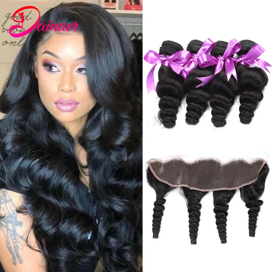 Brazilain Hair Weave Bundles With Frontal Loose Wave Human Hair 13x4 Lace Frontal With Bundles Loose Wave Bundles With Closure