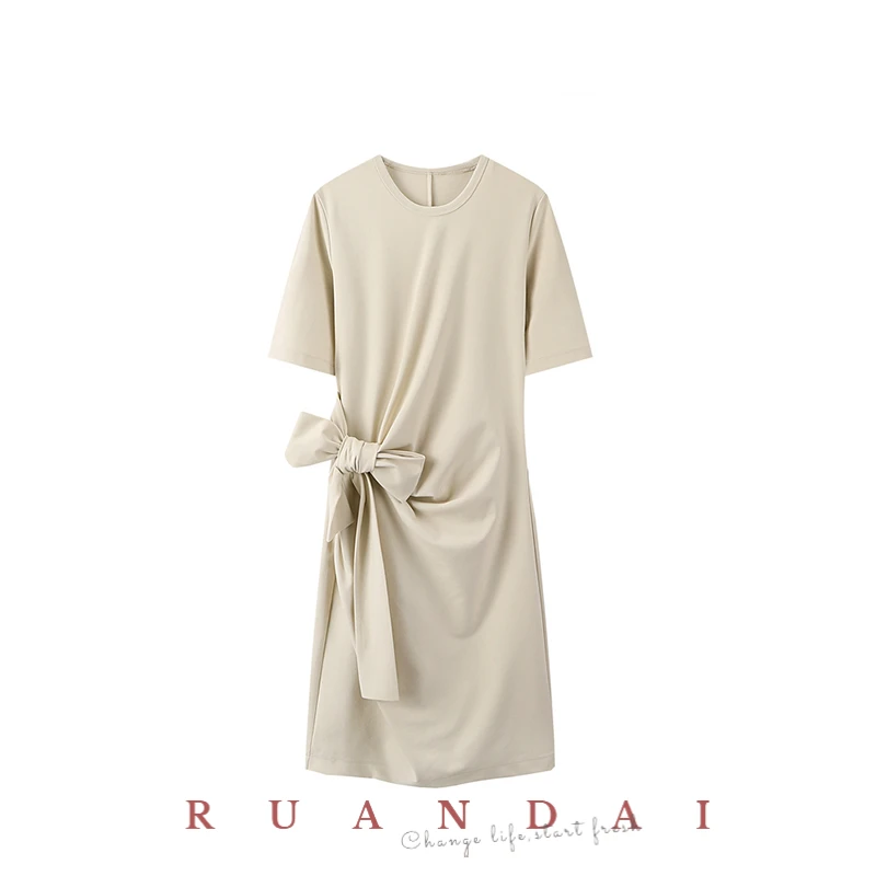 Solid Color Short-sleeved A-line Skirt for RUANDAI 2022 Summer New Loose Round Neck Waist Tie Slim Knitted Dress Women