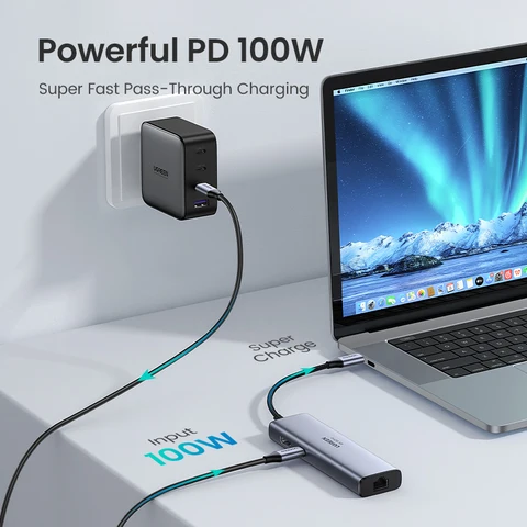 UGREEN USB-C HUB 7-в-1 Type-C до 4K60Hz HDMI HDR PD100W RJ45 SD и TF USB3.0 Порты для MacBook Laptop USB-разветвитель док-станция