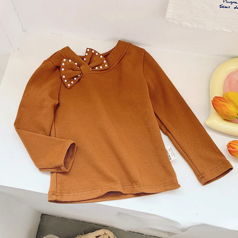 Freely Move 2022 Autumn Baby Toddler Children Clothing Princess Girls Bowknot Pearl Long Sleeve Girl Cotton Shirt Kids Tops