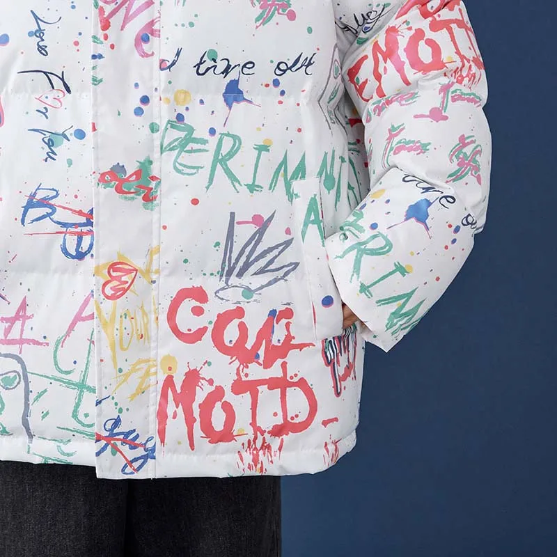 Colorful Letter Graffiti Puffer Jacket for Women Korean Fashion Trends Couples Clothing Teenage Oversized Winter Coat Streetwear