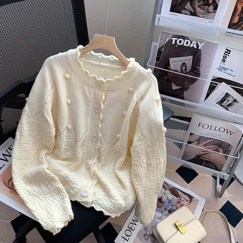 Новинка весна-осень 2023, женские вязаные пальто с длинным рукавом, женский свитер с круглым вырезом, куртки, Дамский ажурный кардиган, верхняя одежда S467
