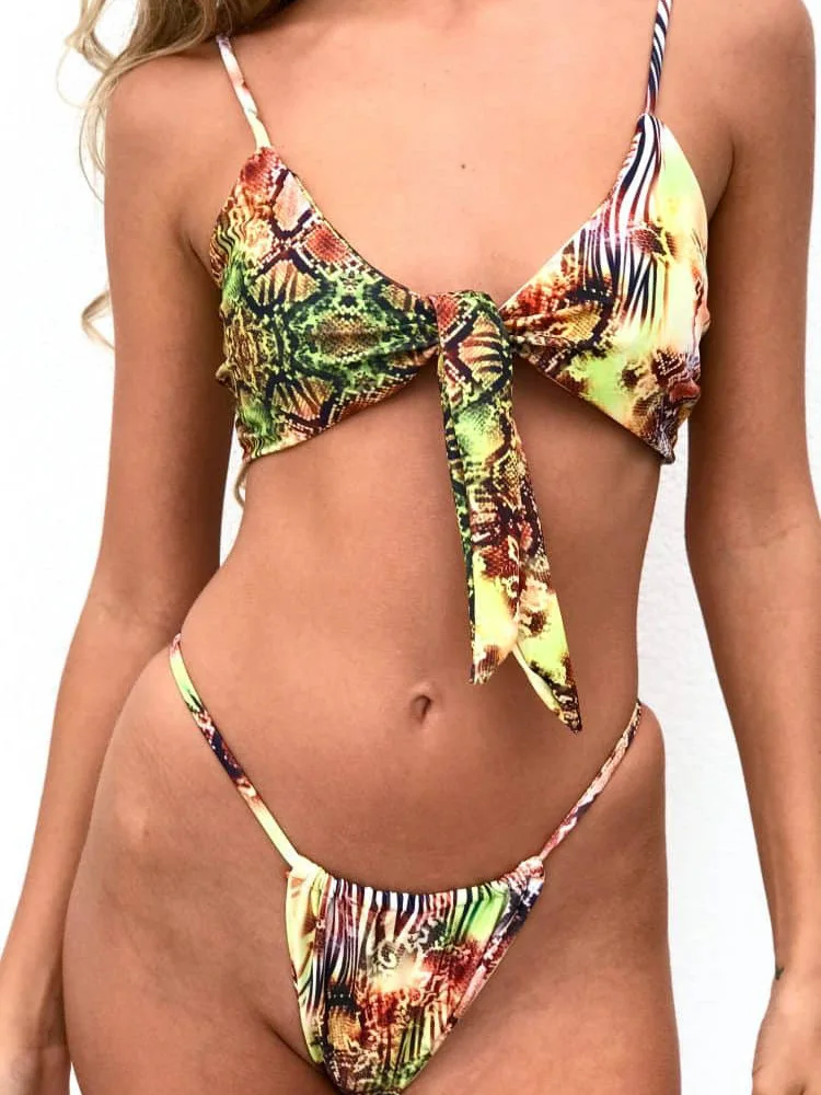 

Женский купальный костюм, микро бикини с бантом, сексуальный трикини, купальные костюмы со змеиным принтом, экстремальный сексуальный купа...