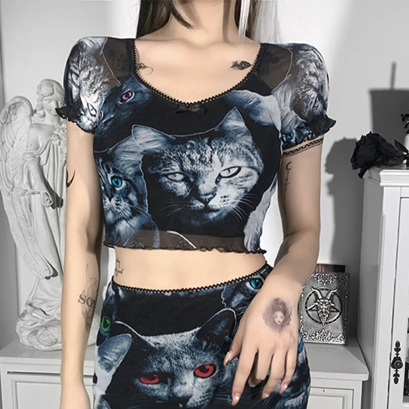 

Women Crop Tops Aesthetic T-Shirts Summer Gothic Short Sleeve Lettuce Trim Cat Prints Mesh Short Tops Tees Clubwear y2k Harajuku