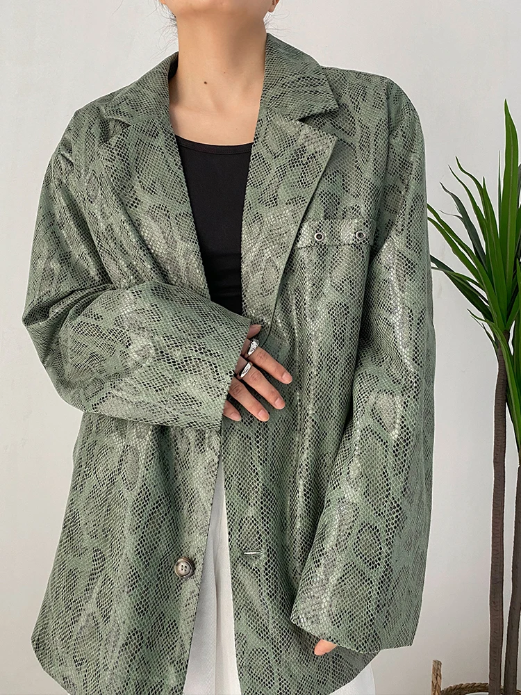SuperAen Korean Pu Leather Coat with Pattern Suit Jacket Niche Design Autumn Women Single Breasted Blazer